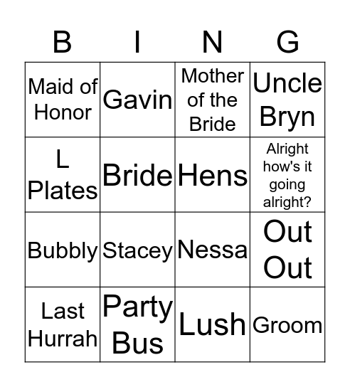 Rio's Hen Bingo Card