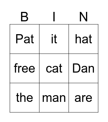 Short a Word Bingo Card