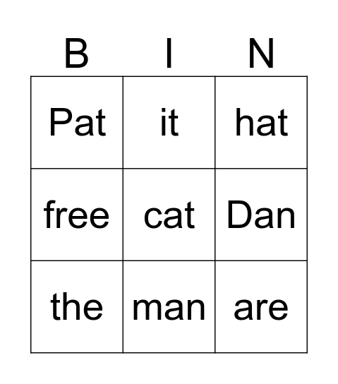 Short a Word Bingo Card