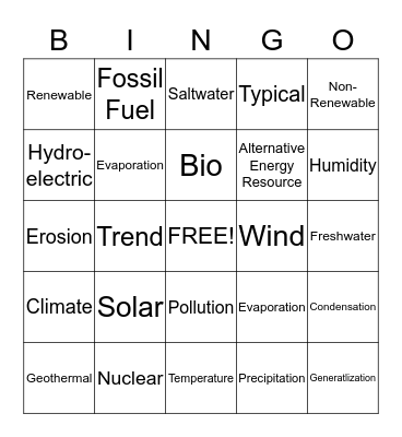 Energy Bingo Card