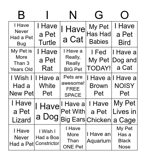 Pet Pals Bingo Card