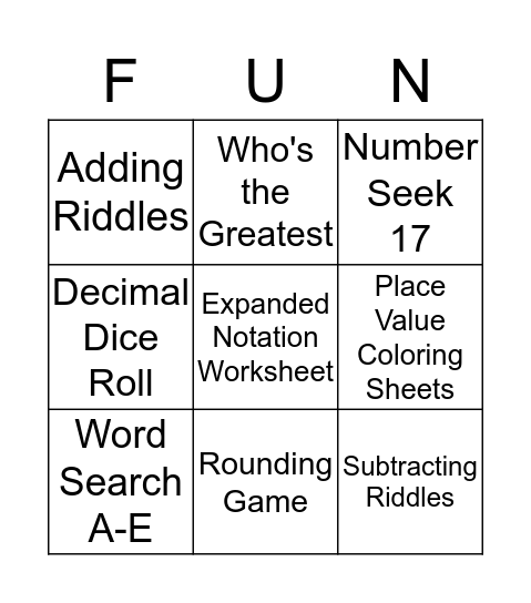 Extra Math Work for Home Bingo Card