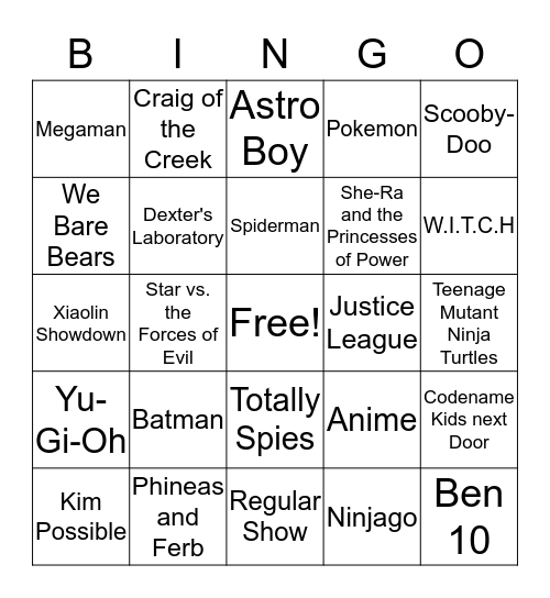 Cartoon Shows Bingo Card