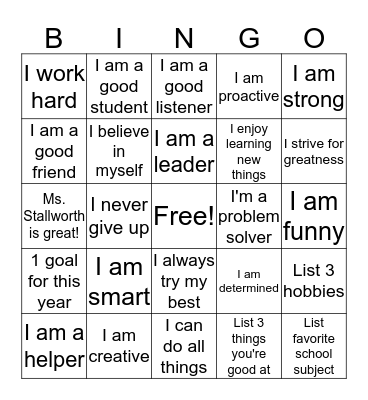 Affirmation Bingo Card