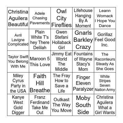 2000s Pop Hits Bingo Card