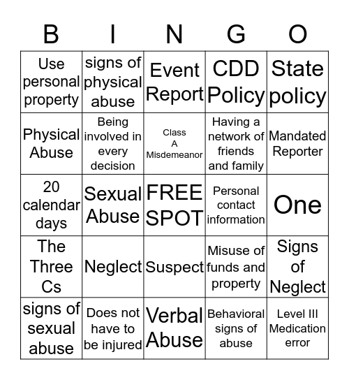 Abuse and Neglect Bingo Card