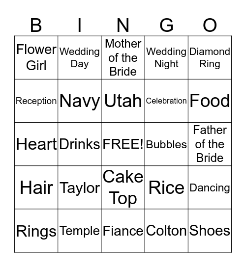 Bridal Shower  Bingo Card