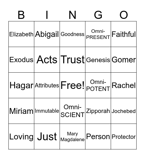 Attributes of God explained through the Women of the Bible Bingo Card