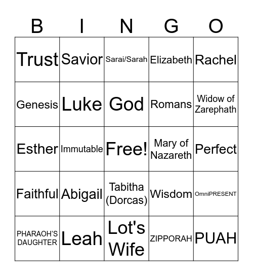 Attributes of God explained through the Women of the Bible Bingo Card