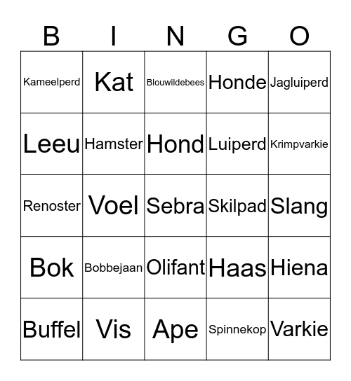 Diere  Bingo Card