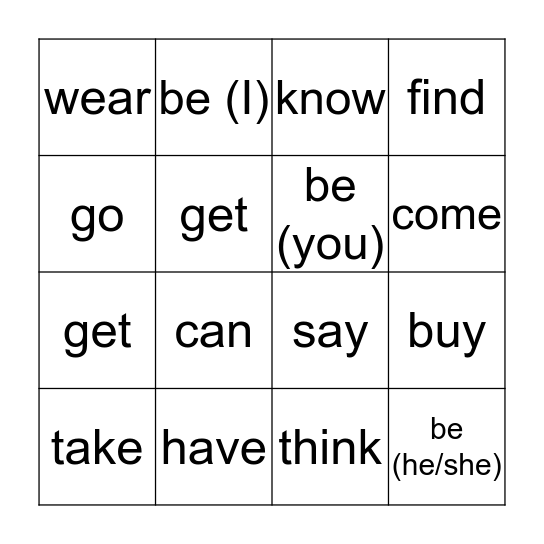 Irregular verbs Bingo Card