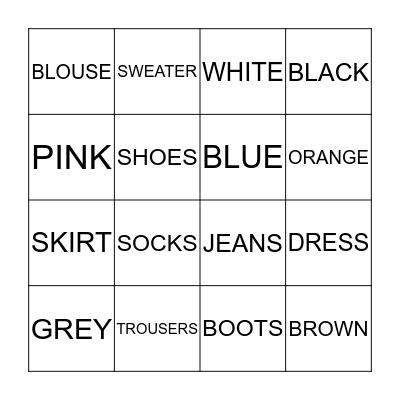 Clothes and Colours BINGO Card