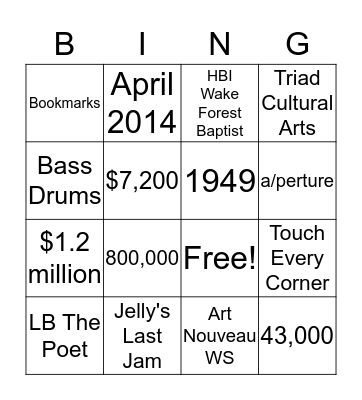 Arts Council - Walter Robbs Bingo Card