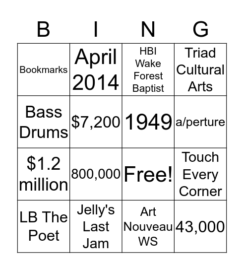 Arts Council - Walter Robbs Bingo Card