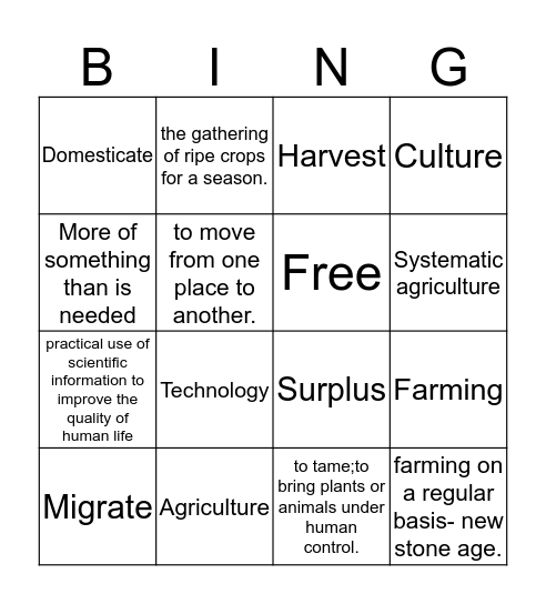 Neolithic age bingo Card