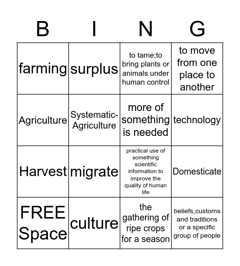 Neolithic Age Bingo Card