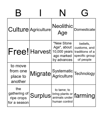 Neolithic Age Bingo Card