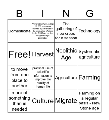 Neolithic Age Bingo Card