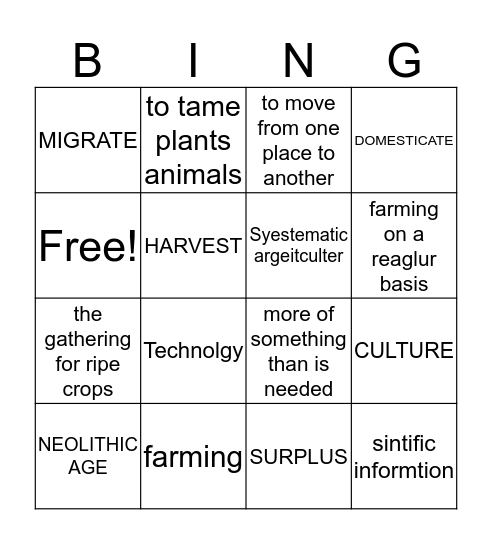 Neolithic Age Bingo Card