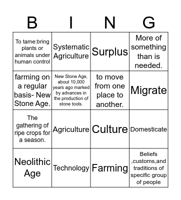 Neolithic Age Bingo Card