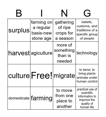 Neolithic Age Bingo Card