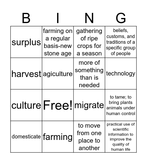 Neolithic Age Bingo Card