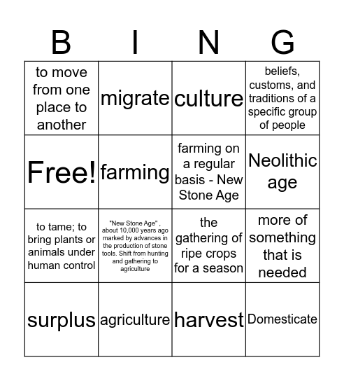 Neolithic age Bingo Card