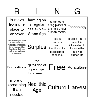 Neolithic Age Bingo Card