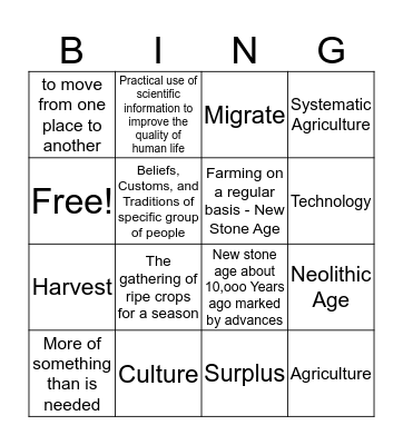 Neolithic Age Bingo Card