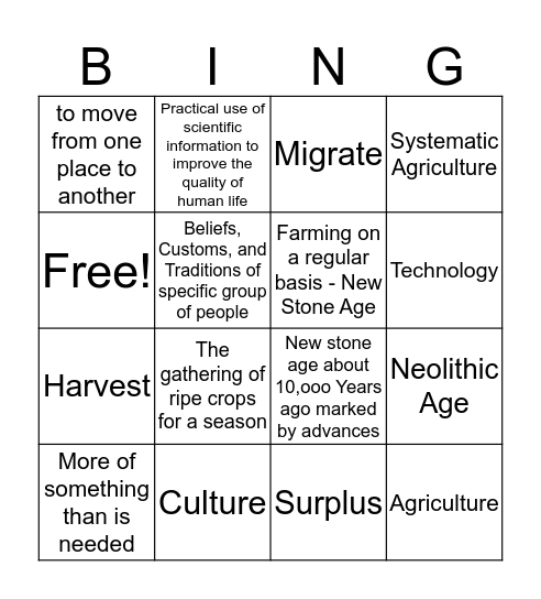 Neolithic Age Bingo Card