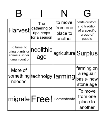 neoloithic age Bingo Card