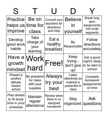 Study Skills Bingo Card