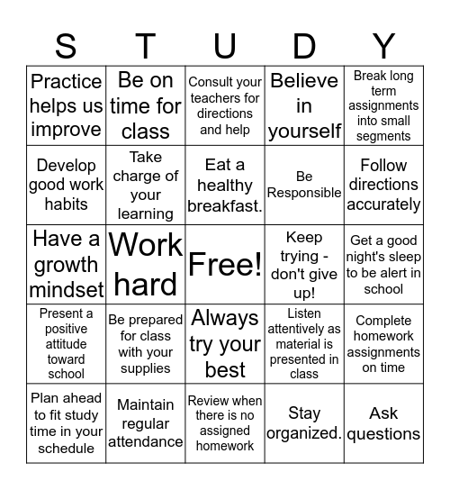 Study Skills Bingo Card