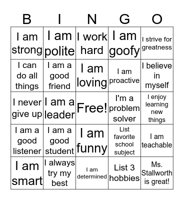 Affirmation Bingo Card