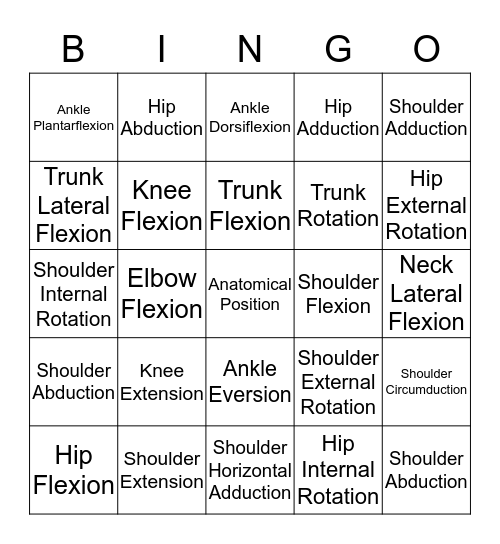 Joint Motion Bingo Card