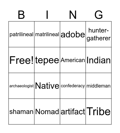 Native American Bingo Card