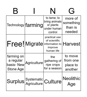 Neolithic Age Bingo Card