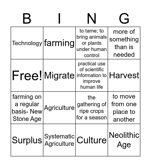 Neolithic Age Bingo Card