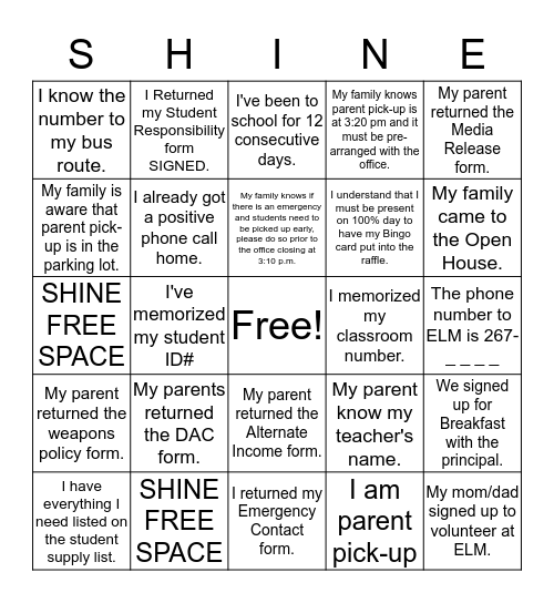 ELM'S 100% DAY Bingo Card