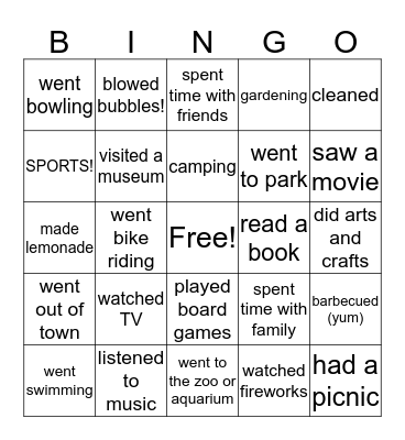 Summer Bingo! Bingo Card