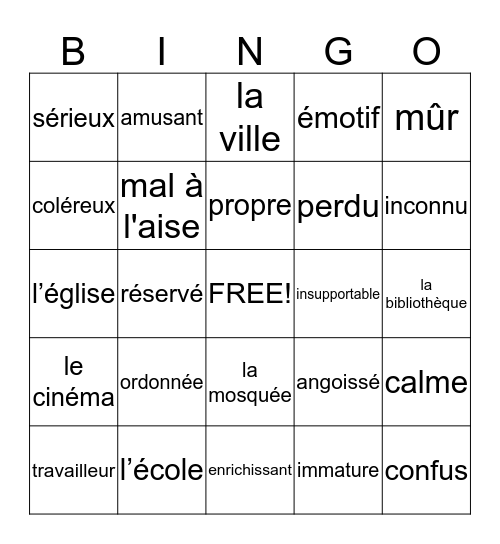 Vocabulaire Français Bingo Card
