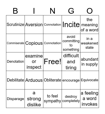 English III/IV Vocabulary Bingo Card