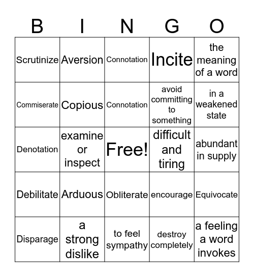 English III/IV Vocabulary Bingo Card