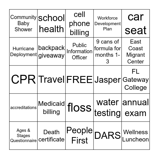 HEALTH DEPARTMENT BINGO Card