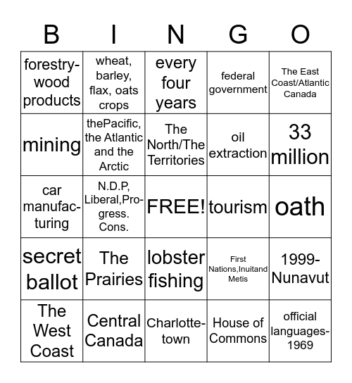 Canadian Citizenship Bingo Card