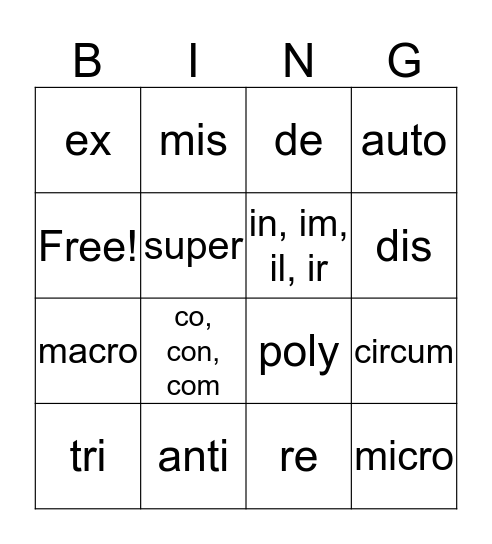 Prefixes 1 Bingo Card