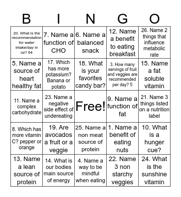 Nutrition bingo Card
