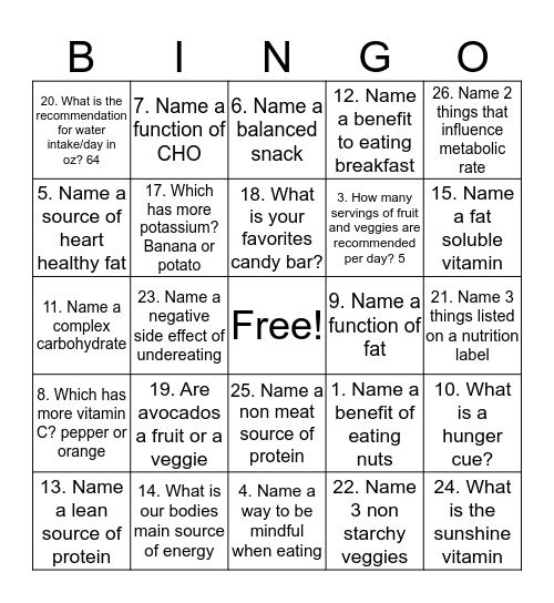 Nutrition bingo Card
