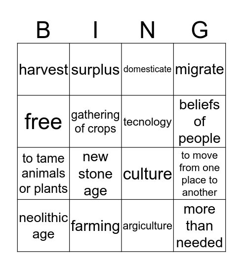 Neolithic Bingo Card