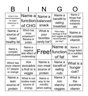 Nutrition bingo Card